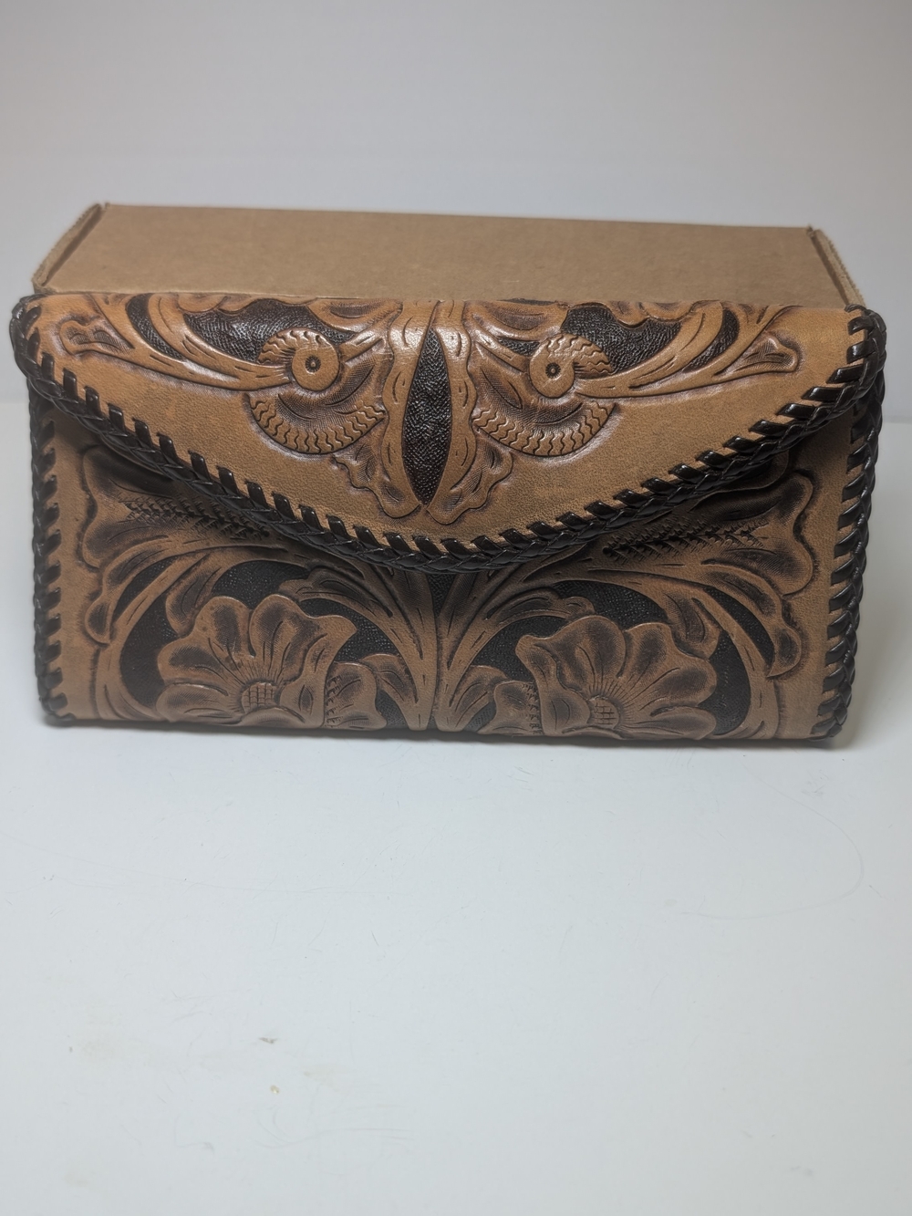 Hand-Tooled Floral Leather Wallet - Natural Brown